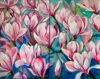 Original Acrylbild Magnolie Diptychon: Doppelte Blumenwandkunst (50cm x 72cm)