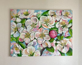 Pintado a mano flores de manzano floración pintura arte original acrílico lienzo flor primavera arte de la pared