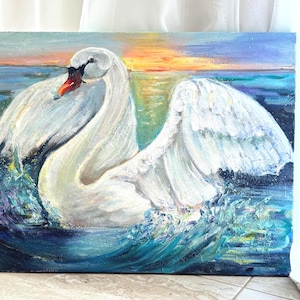 White Swan Bird Original Painting on Canvas Animal  Wall Decor