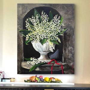 Lily of the Valley Still Life Painting Original Art White Flower Vintage Style Decor