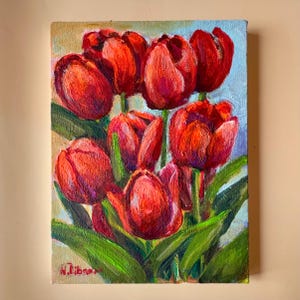 Pintura de flores vermelhas tulipas arte original floral arte de parede tela pintada à mão presente para amantes de tulipas decoração de casa