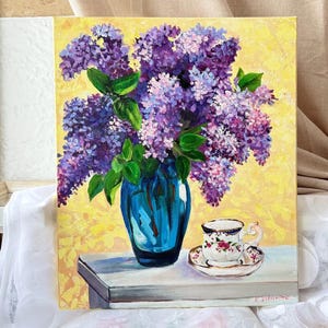 Lilacs in Vase Painting Original Art Purple Flowers Elegant Home Decor ...