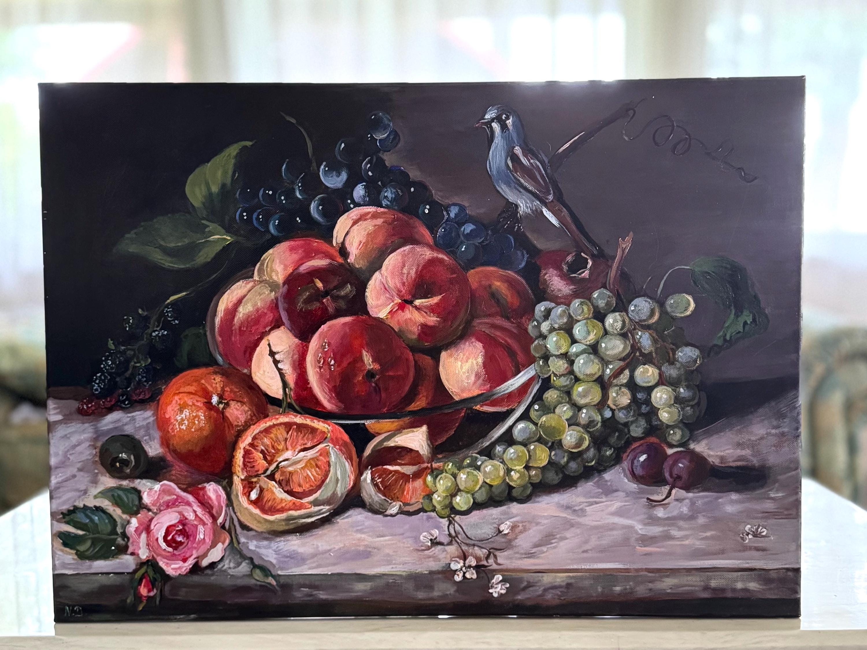 オリジナル静物画 - 桃と鳥の壁アート ヴィンテージスタイルのホーム