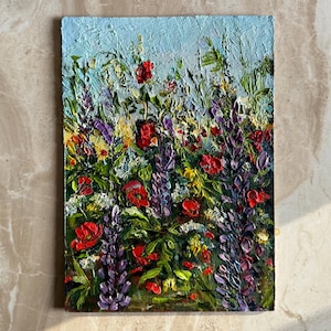 Campo Bluebonnet Wildflower Summer Bloom Pintura Original Decoração de Fazenda Arte com Flores