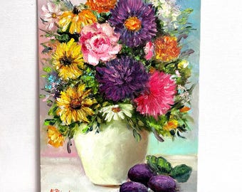 Garden Flower Original Oil Painting Bouquet in a Vase Floral Artwork Still Life