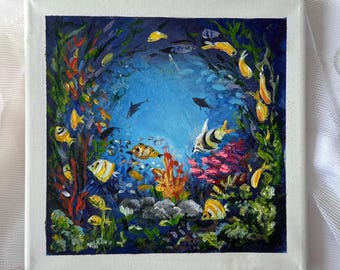 大きな魚の群れの油絵、手描きの水中アート、鮮やかな魚のアート、水中