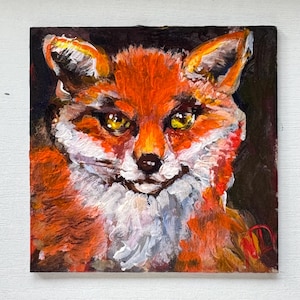 Pintura de raposa vermelha Arte original Animal selvagem Arte de parede Vida selvagem Decoração de casa pequena 4" por 4"