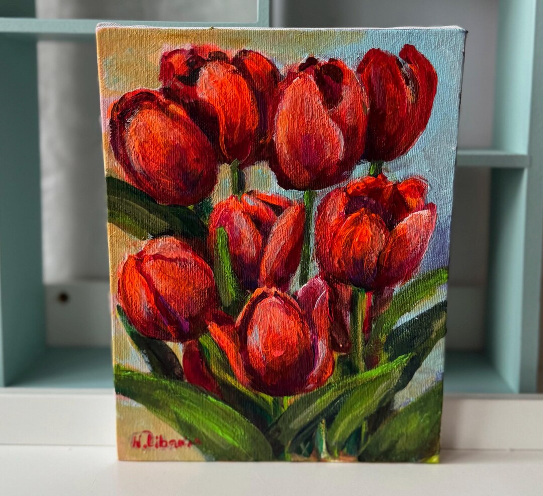 Red Flowers Tulips Painting Original Art Floral Wall Art Canvas Hand ...