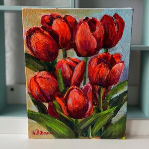Rode bloemen tulpen schilderij originele kunst bloemen muur kunst canvas handgeschilderde cadeau tulp minnaar cadeau woondecoratie