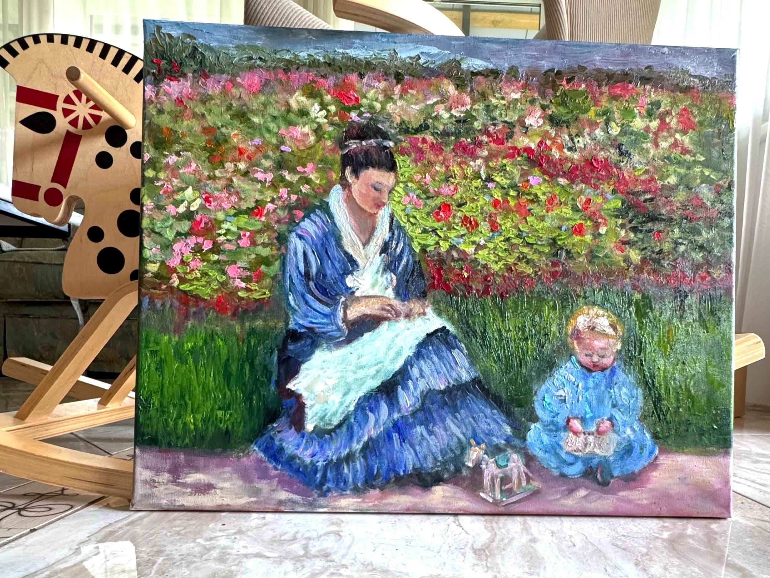 印象派のオリジナル油絵｜母と子 モネ風 20x16インチ ヴィンテージ