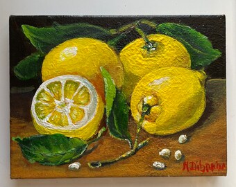 Lemon Painting Original Art Citrus Fruit Wall Art Kitchen Decor