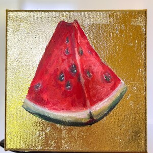 Watermelon Slice on Gold Canvas Original Painting Fruit Wall Art Kitchen Modern Decor 8 x 8 inch