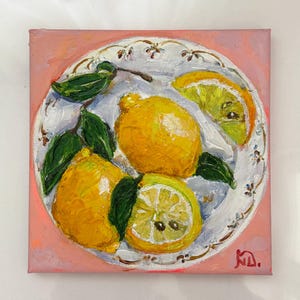 Zitrone Malerei: Original Acryl Stillleben, Bauernhaus Küche Dekor, 200x200 Leinwand