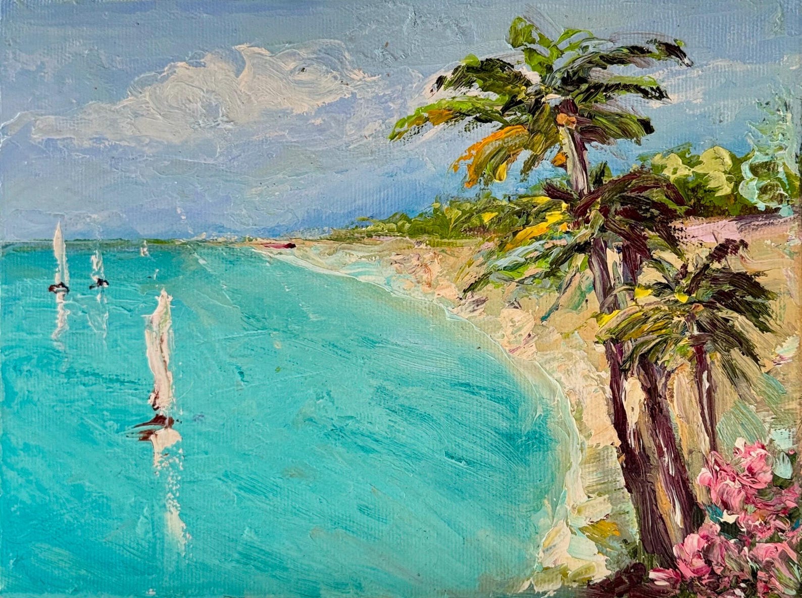 Beach Painting Landscape Palm Tree Original Art Oil Canvas Artwork ...