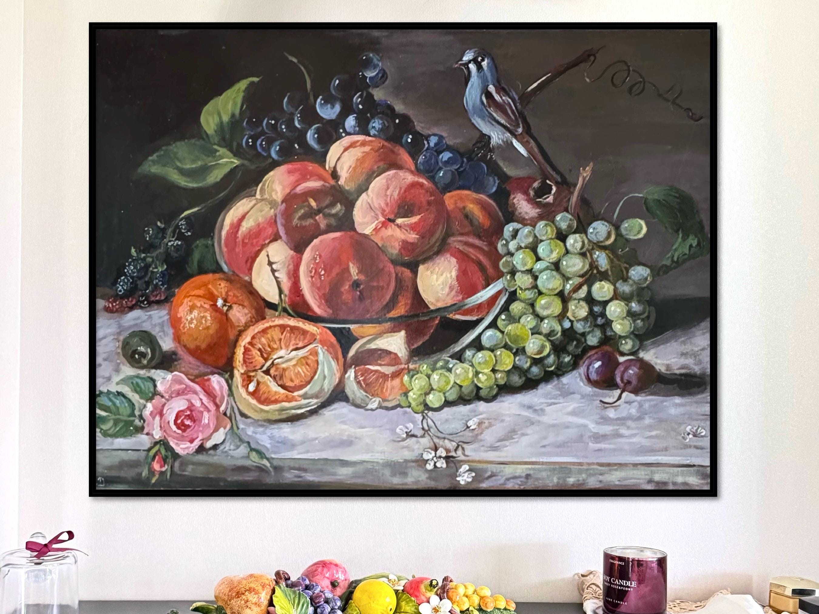 オリジナル静物画 - 桃と鳥の壁アート ヴィンテージスタイルのホーム