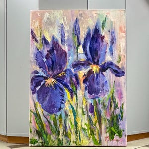 Purple Flowers  Irises  Original Painting Floral Wall Art Abstract  Wall Decor