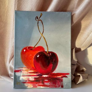 Two Cherries Painting Still Life Fruit Painting Modern Kitchen Decor