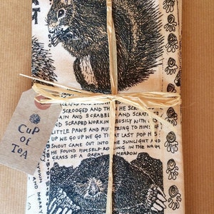 British Wildlife tea-towel unbleached Cotton by Fiona Willis nature wild animals hedgehog hare owl frog otter and bat for your kitchen