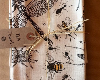 Insect Tea-towel Unbleached Cotton illustrated by Fiona Willis with bugs ladybirds dragonflies and bees high quality gift for your kitchen