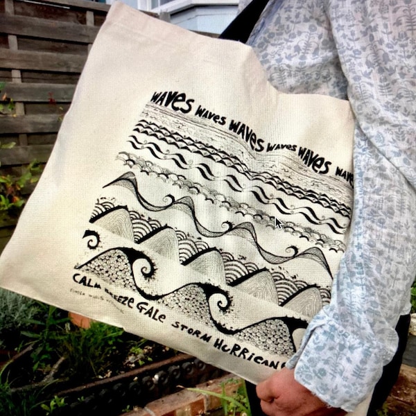 Canvas tote bag by Fiona Willis  wave illustration  general shopping/beach bag depicting calm sea to a violent storm long lasting sturdy bag