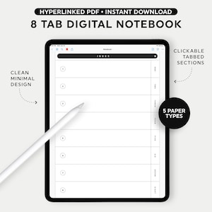 Digital Notebook with Tabs, Black Minimal 8 Subject Notebook for iPad Tablet, Modern Digital Planner, Digital Journal, GoodNotes Template