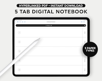 Landscape Digital Notebook with Tabs, Black Minimal 5 Subject Notebook for iPad, Modern Digital Planner, Digital Journal, GoodNotes Template
