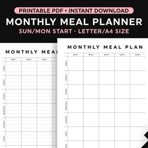 Monthly Meal Planner, Meal Planner Printable, Monthly Menu Planner, Sunday/Monday Start, Portrait, Instant Download