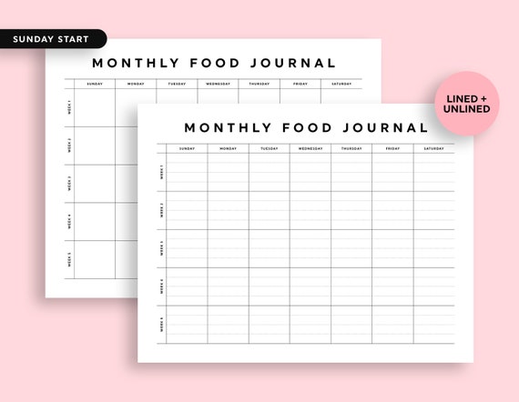 Monthly Food Journal, Food Journal Printable, Monthly Food Planner  Printable, Sunday/monday Start, Landscape, Instant Download - Etsy