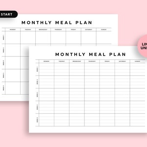 May include: Two printable monthly meal planner templates. The top template is unlined and the bottom template is lined. Both templates have a black and white design with the text "MONDAY START" and "MONTHLY MEAL PLAN" at the top.