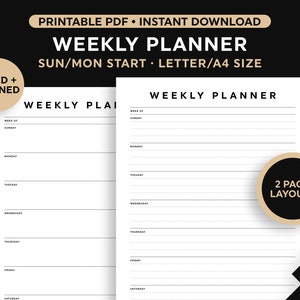 Op de afbeelding: Printbare wekelijkse planner sjabloon met twee pagina-indelingen. De planner heeft gelijnde en ongelijnde opties en is ontworpen voor een start op zondag/maandag. De planner is beschikbaar in Letter en A4 formaten.