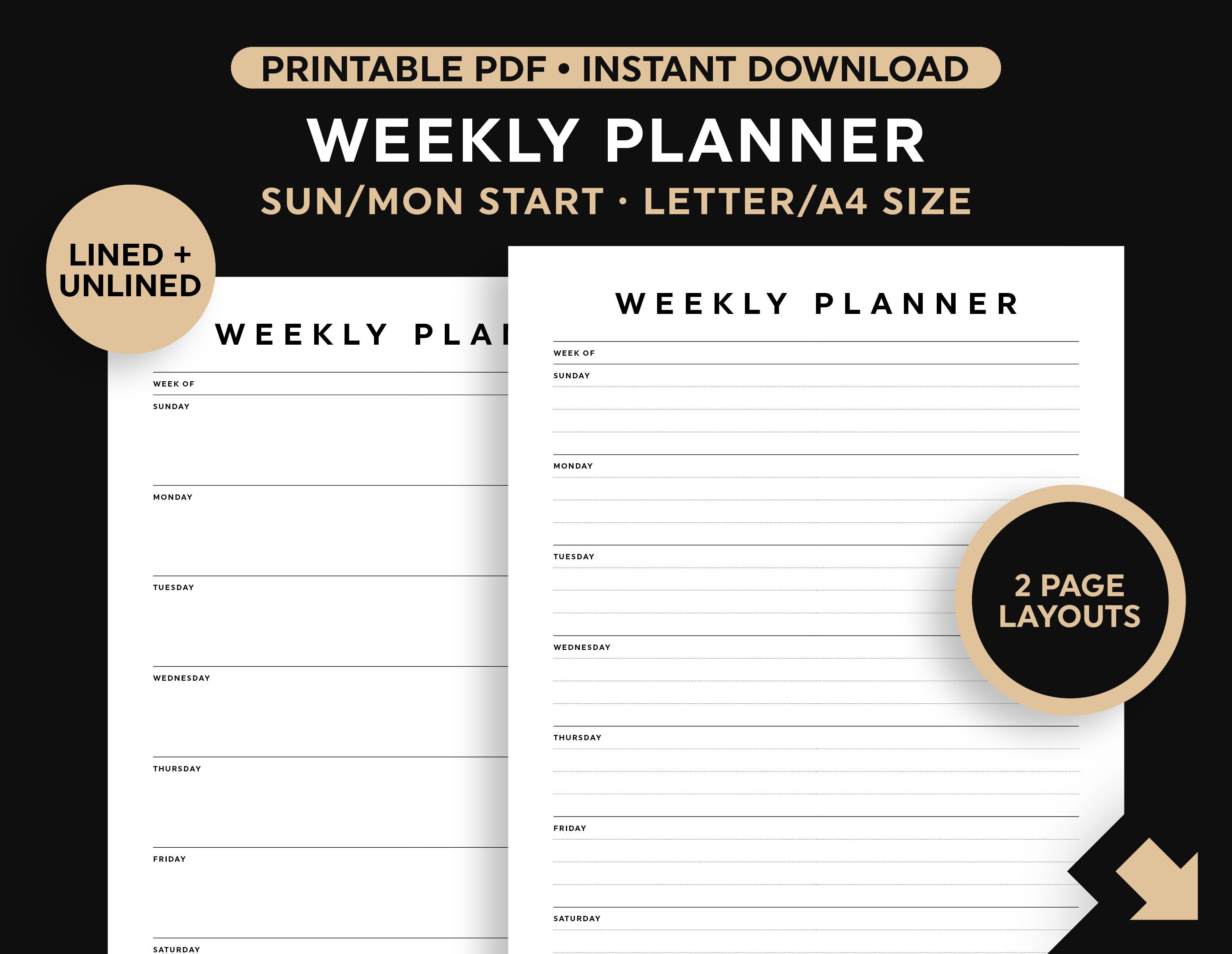 weekly desk planner printable days of the week calendar wall etsy