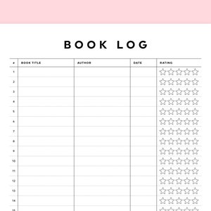 Pu&ograve; includere: Un registro di libri stampabile in bianco e nero con colonne per il titolo del libro, l'autore, la data e la valutazione. La colonna di valutazione ha 15 righe di cinque stelle ciascuna.