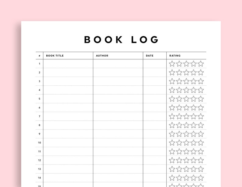 Pu&ograve; includere: Un registro di libri stampabile in bianco e nero con colonne per il titolo del libro, l'autore, la data e la valutazione. La colonna di valutazione ha 15 righe di cinque stelle ciascuna.