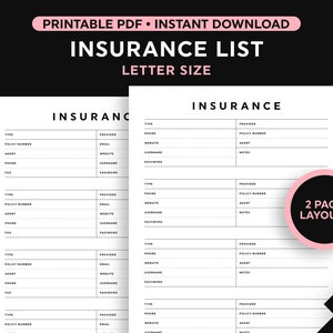 Insurance Printable, Insurance Contact List, Insurance Info Printable, Insurance Information Tracker, Letter Size PDF, Instant Download