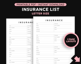 Insurance Printable, Insurance Contact List, Insurance Info Printable, Insurance Information Tracker, Letter Size PDF, Instant Download