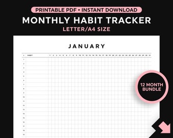Monthly Habit Tracker Template Printable, Letter/A4 Size
