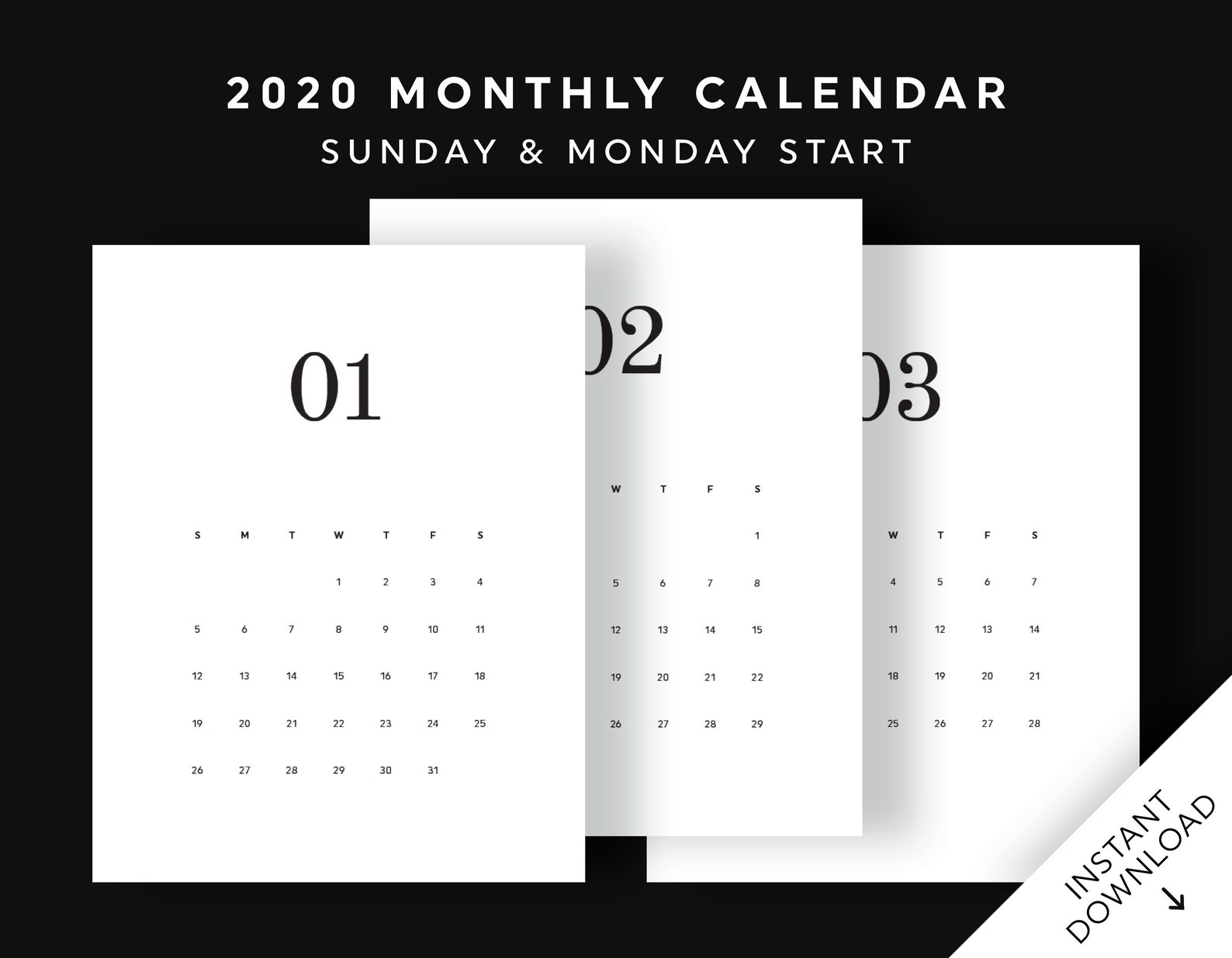 2020 Minimal Monthly Calendar Printable Monthly Planner Desk | Etsy
