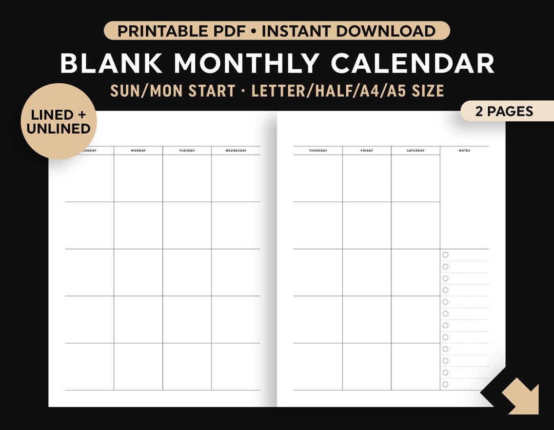 2 Page Blank Monthly Calendar Printable, Two Page Month Calendar, Lined/unlined, Instant Digital Download, Sunday/monday Start - Etsy