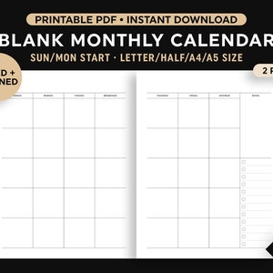 2 Page Blank Monthly Calendar Printable, Two Page Month Calendar, Lined/Unlined, Instant Digital Download, Sunday/Monday Start