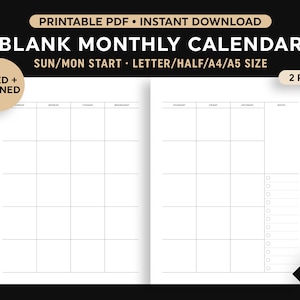 2 Page Blank Monthly Calendar Printable, Two Page Month Calendar, Lined/Unlined, Instant Digital Download, Sunday/Monday Start