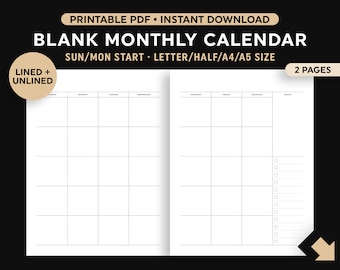 2 Page Blank Monthly Calendar Printable, Two Page Month Calendar, Lined/Unlined, Instant Digital Download, Sunday/Monday Start
