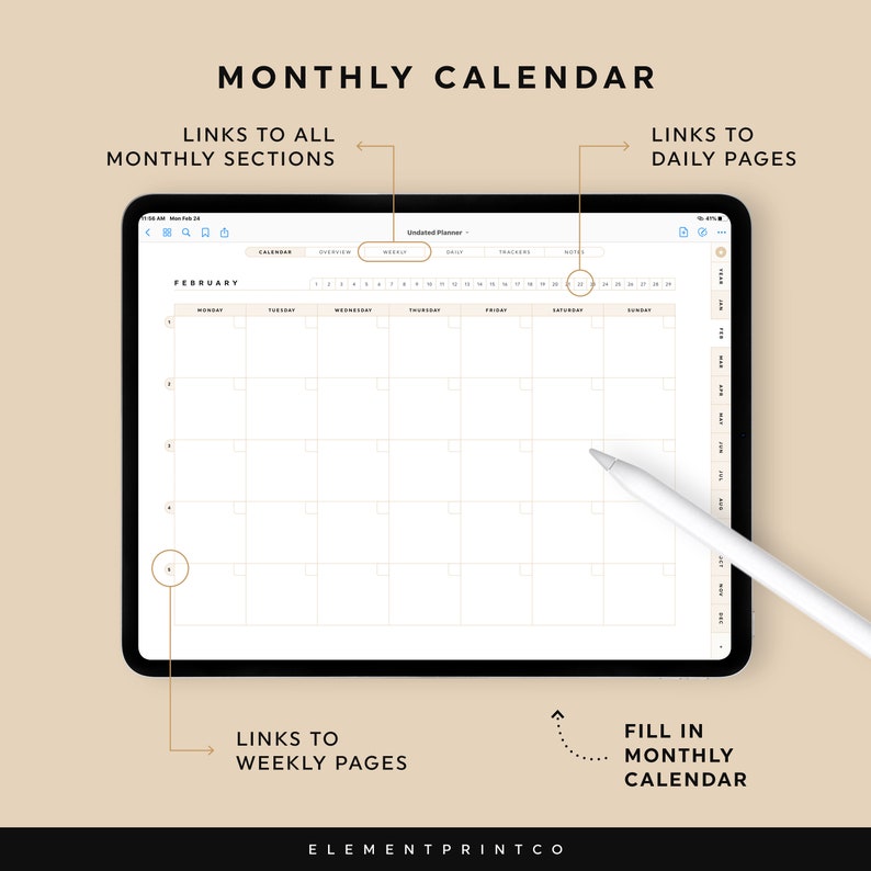 K&ouml;nnte beinhalten: Ein digitaler Monatskalender auf einem Tablet-Bildschirm. Der Kalender ist f&uuml;r Februar und hat Links zu t&auml;glichen, w&ouml;chentlichen und monatlichen Abschnitten. Der Bildschirm ist wei&szlig; mit schwarzem Text und Linien. Das Tablet befindet sich auf einer beigefarbenen Oberfl&auml;che.