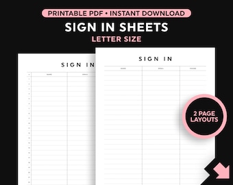Sign In Printable, Sign In Sheets Printable, Sign In Template, Letter Size PDF, Instant Download
