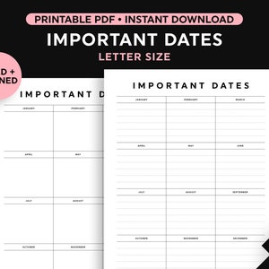 Important Dates Printable, 2023 Dates Printable, Yearly Dates Printable, Important Dates Tracker Template, Letter Size PDF, Instant Download