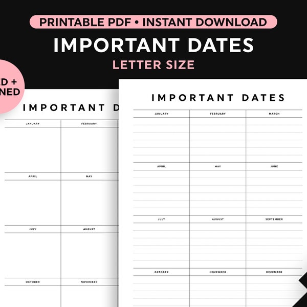 Important Dates Printable, 2023 Dates Printable, Yearly Dates Printable, Important Dates Tracker Template, Letter Size PDF, Instant Download