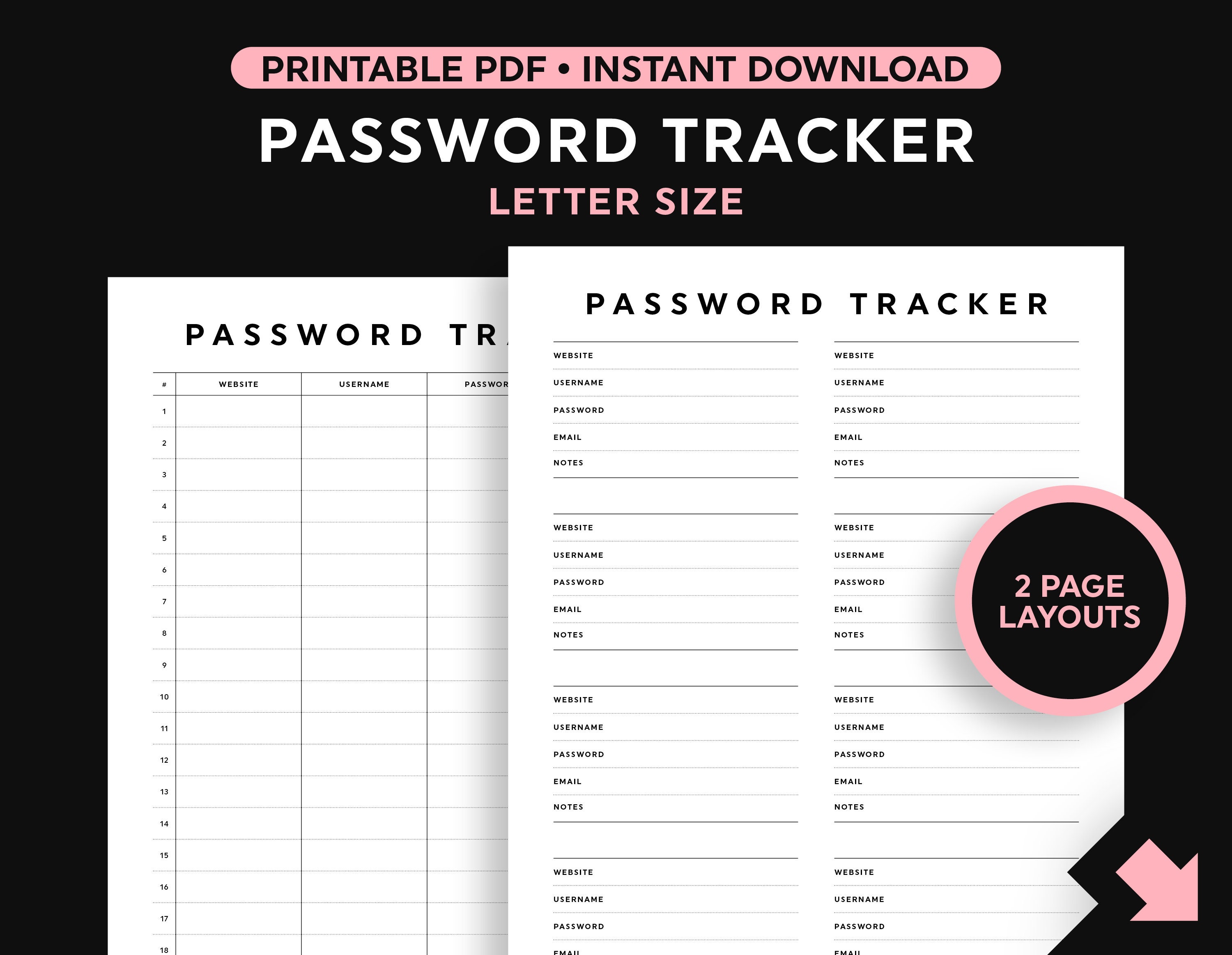 Blog password tracker printable sheets US letter size instant download planner