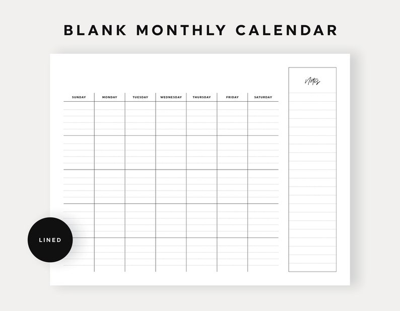 Blank Calendar Notes Printable Monthly Calendar Wall | Etsy