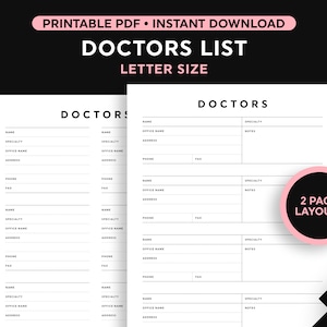 Doctor Printable, Doctors Contact List, Doctor Info Printable, Medical Info Printable, Healthcare Printable, Letter Size, Instant Download