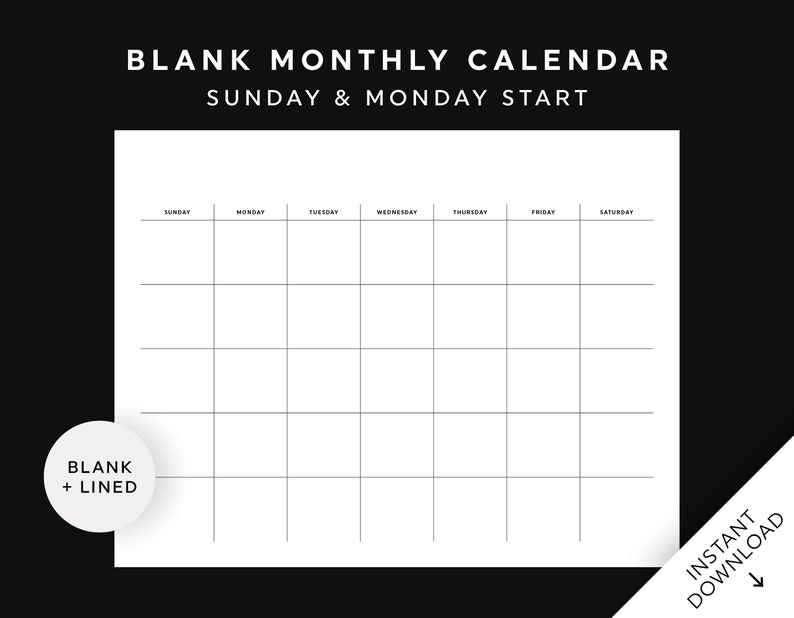 Blank Monthly Calendar Printable Wall Calendar Desk Etsy