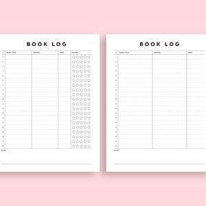 Pu&ograve; includere: Un registro di libri stampabile con due pagine. Ogni pagina ha una tabella con colonne per il titolo del libro, l'autore, la data e la valutazione. La colonna di valutazione ha cinque stelle per ogni riga.